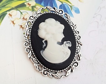 Victorian Lady Cameo Brooch in Black and White, Vintage Lady, Gift for Mother, Sister, Choose Silver, Bronze or Black