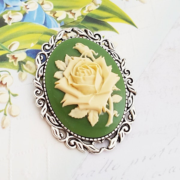 Vintage Rose Cameo Brosche, viktorianische Blumenbrosche, grün und creme, Geschenk für Gärtner, Geschenk für Frau, wählen Sie Silber, Bronze oder schwarz