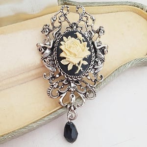 Large Antique Silver Cream and Black Gothic Rose Cameo 2 in 1 Brooch Necklace, Brooch with Chain, Choose Your Length