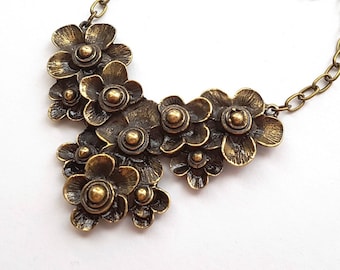 Big Antique Bronze Flower Cluster Bib Necklace, Large Flower, Nature Woodland Statement Necklace, Choose Your Length