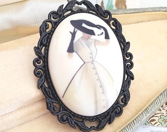 Mid Century Lady Brooch, Black and White Vintage Fashion Model in Silver, Bronze or Black