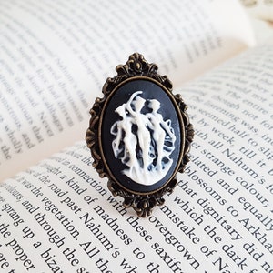 Three Graces Cameo Ring, Goddess of Beauty, Antique Bronze or Silver Ornate Vintage Style Adjustable Setting