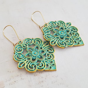 Big Bold Blue Patina Brass Floral Mandala Earrings, Gold Filled, Surgical Wires or Clips