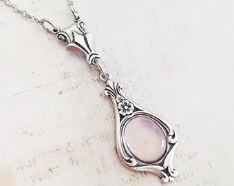 Vintage Pink Rose Quartz Art Nouveau Necklace in Antique Silver, Palest Pink Natural Stone Cabochon, Choose Your Length