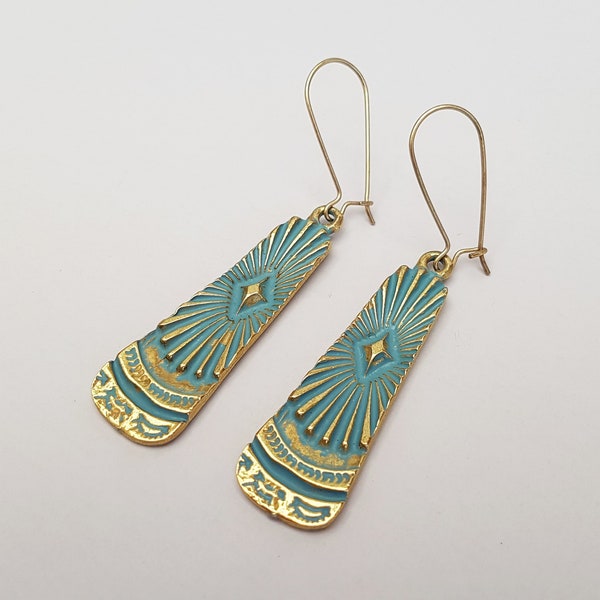 Big Bold Blue Patina Brass Egyptian Style Earrings, Statement, Gold Sun Burst Earrings, Tribal, Boho Earrings, Minimalist Drop Earrings