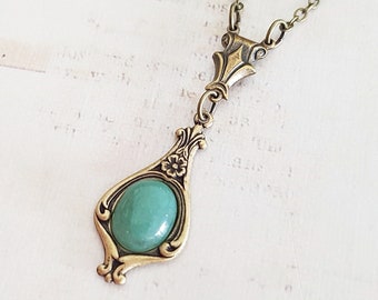 Green Aventurine Art Nouveau Necklace in Antique Brass, Choose Your Length