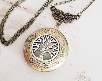 Tree of Life Locket Necklace, Mismatched Silver and Bronze Floral Photo Locket, Keepsake, Family Tree, Choose Your Length