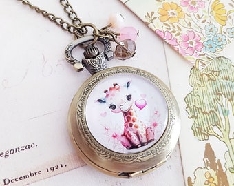 Cute Giraffe Flowers and Hearts Pocket Watch Necklace in Antique Bronze with Vintage Czech Glass Beads, Fully Working Battery Included