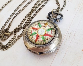 Compass Pocket Watch Necklace in Antique Bronze, Vintage Explorer Steampunk Victorian Style, Time Traveller, Fully Working Battery Included