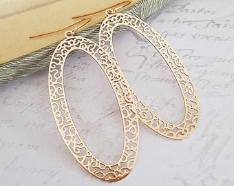 Big Rose Gold Filigree Oval Hoop Earrings, Statement Boho Laser Cut Lattice Drop Earrings, Plated, Gold Filled, Surgical Hooks