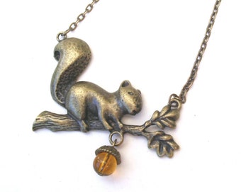 Squirrel Necklace with Dark Honey Acorn, Bronze Necklace, Choose Your Length