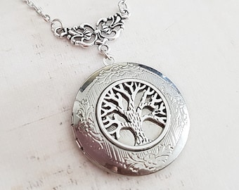 Collana medaglione albero della vita, medaglione fotografico floreale in argento anticato, ricordo, albero genealogico, scegli la tua lunghezza