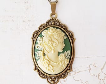 Classical Maiden Cameo Necklace in Green and Cream, Antique Bronze, Choose Your Length
