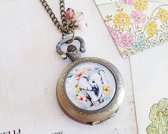 Elephant and Flowers Pocket Watch Necklace in Antique Bronze with Vintage Czech Glass Beads, Fully Working Battery Included