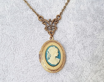 Vintage Victorian Lady Cameo Locket Necklace in Teal and Cream, Turquoise Blue Oval Bronze Keepsake Locket, Choose Your Length