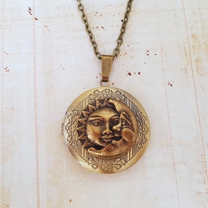 Sun and Moon Face Locket Necklace in Bronze, Choose Your Length