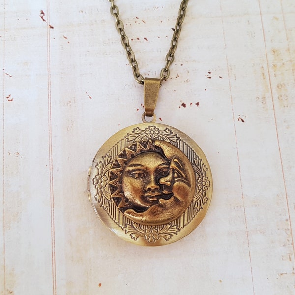 Sun and Moon Face Locket Necklace, Solar System, Constellation, Bronze Locket, Celestial Locket, Can Be Personalized, Choose Your Initial