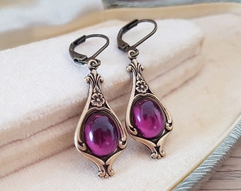 Paarse juweel art nouveau-oorbellen in antiek messing, brons of chirurgische hendels, draden of clips