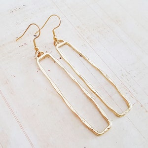 Gold Long Open Rectangle Hoop Earrings, Hammered Shiny Gold Earrings, Boho, Drop Earrings, Gold Plated, Gold Filled or Surgical Steel Wires