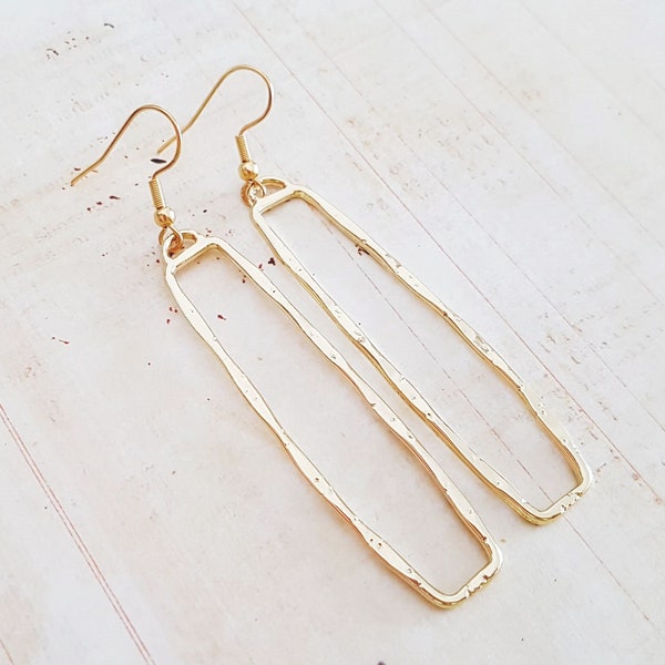 Gold Long Open Rectangle Hoop Earrings, Hammered Shiny Gold Earrings, Boho, Drop Earrings, Gold Plated, Gold Filled or Surgical Steel Wires