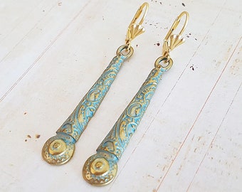 Art Deco Long Blue Patina Drop Earrings, Vintage Jewelry, Egyptian Revival Gold Earrings, Plated or Surgical Lever Backs or Hooks