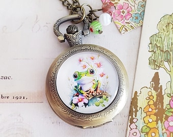 Cute Green Frog and Flowers Pocket Watch Necklace in Antique Bronze with Vintage Glass Millefiori Beads, Fully Working Battery Included