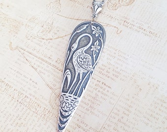 Art Deco Heron Necklace in Antique Silver, Choose Your Length