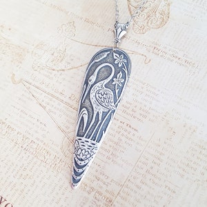 Art Deco Heron Necklace in Antique Silver, Statement Vintage Bird Necklace, Egret Jewelry, Good Fortune, Choose Your Length