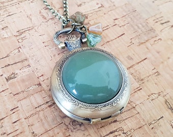 Aventurijn zakhorlogeketting in brons, zwart of zilver, vintage glasbloemkralen