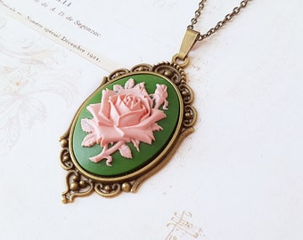 Vintage Style Green and Pink English Rose Cameo Necklace, Victorian Rose Necklace in Ornate Antique Bronze, Choose Your Length