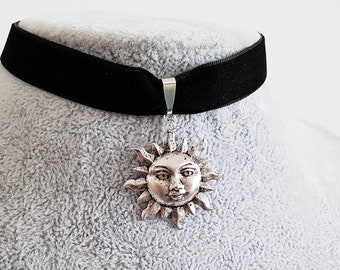 Black Velvet Choker with Antique Silver Sun Face Drop, Boho Celestial Choker, Sun and Moon, Choose Your Length