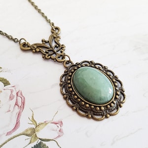 Aventurine Victorian Style Necklace in Vintage Bronze, Natural Green Stone, Good Luck, Choose Your Length