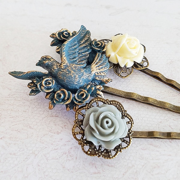 Bird and Flowers Deep Petrol Blue Bobby Pin Set, Dark Navy Blue, Cream, Gold and Grey Rose Hair Pin Set, Rustic Wedding Hair