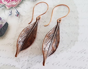 Long Copper Leaf Earrings, Boho Rustic Antique Copper Drop Fall Leaves Earrings with Your Choice of Artisan Copper or Surgical Wires