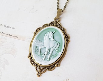 Vintage Mystical Unicorn Necklace, Misty Green and White Unicorn Cameo Necklace, Victorian Style Antique Bronze Setting, Choose Your Length