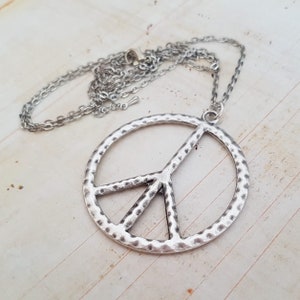 Big Silver Peace Necklace, Large Peace Sign Pendant, Statement Long Necklace, Antique Hammered Silver, Boho Necklace, Festival, Hippie