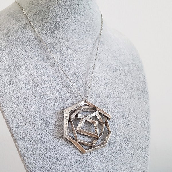 Big Silver Abstract Pentagon Swirl Necklace, Large Modern Pendant, Statement Long Necklace, Brutalist Antique Silver, Boho Necklace