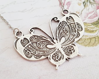 Big Silver Butterfly Necklace, Wear as a Necklace, Choker or Bib, Choose Your Length