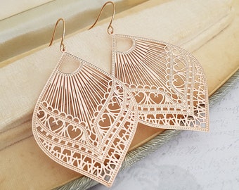 Big Rose Gold Filigree Teardrop Earrings, Gold Filled, Surgical Hooks or Clips