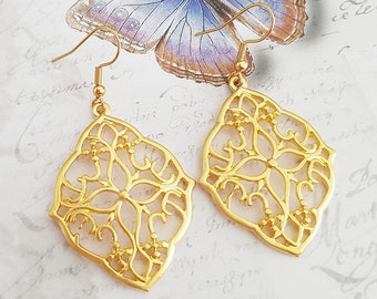 Matte Gold Filigree Modern Lace Earrings, Boho Moroccan Lattice Earrings, Choose Plated, Gold Filled or Surgical Hooks, Studs or Screw Clips