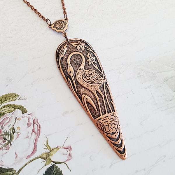 Art Deco Heron Necklace in Antique Copper, Bird, Egret Jewelry, Good Fortune, Choose Your Length