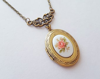 Vintage Romantic Pink Rose Cameo Locket Necklace in Bronze, Vintage Glass Cabochon Flower Locket, Choose Your Length