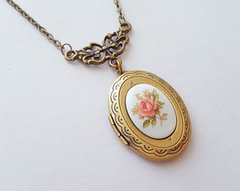 Romantic Pink Rose Locket Necklace in Bronze, Vintage Porcelain, Choose Your Length
