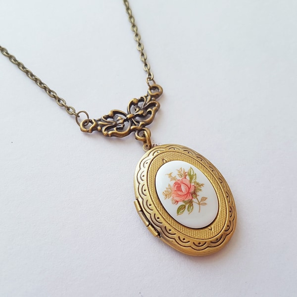 Vintage Romantic Pink Rose Cameo Locket Necklace in Bronze, Vintage Glass Cabochon Flower Locket, Choose Your Length