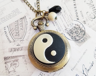 Yin Yang Pocket Watch Necklace in Antique Bronze with Vintage Beads, Black and Cream, Fully Working Battery Included, Choose Your Length