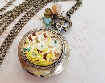 Butterfly Pocket Watch Necklace in Antique Bronze with Vintage Glass Flowers, Victorian Style, Fully Working Battery Included