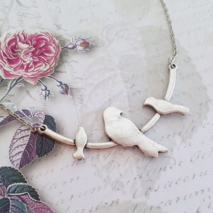 Big Antique Silver Birds on a Branch Bib Collar Necklace, Matte Silver Bird Statement Necklace, Choose Your Length