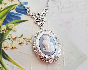 Blue Cat Cameo Oval Locket Necklace, Blue and White, Cat Keepsake, Silver or Bronze, Choose Your Length