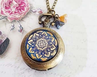 Blue and Gold Mandala Pocket Watch Necklace with Vintage Glass Flowers, Bronze or Silver