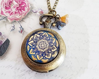 Blue and Gold Mandala Pocket Watch Necklace in Antique Bronze with Vintage Glass Flowers, Victorian Style, Fully Working Battery Included